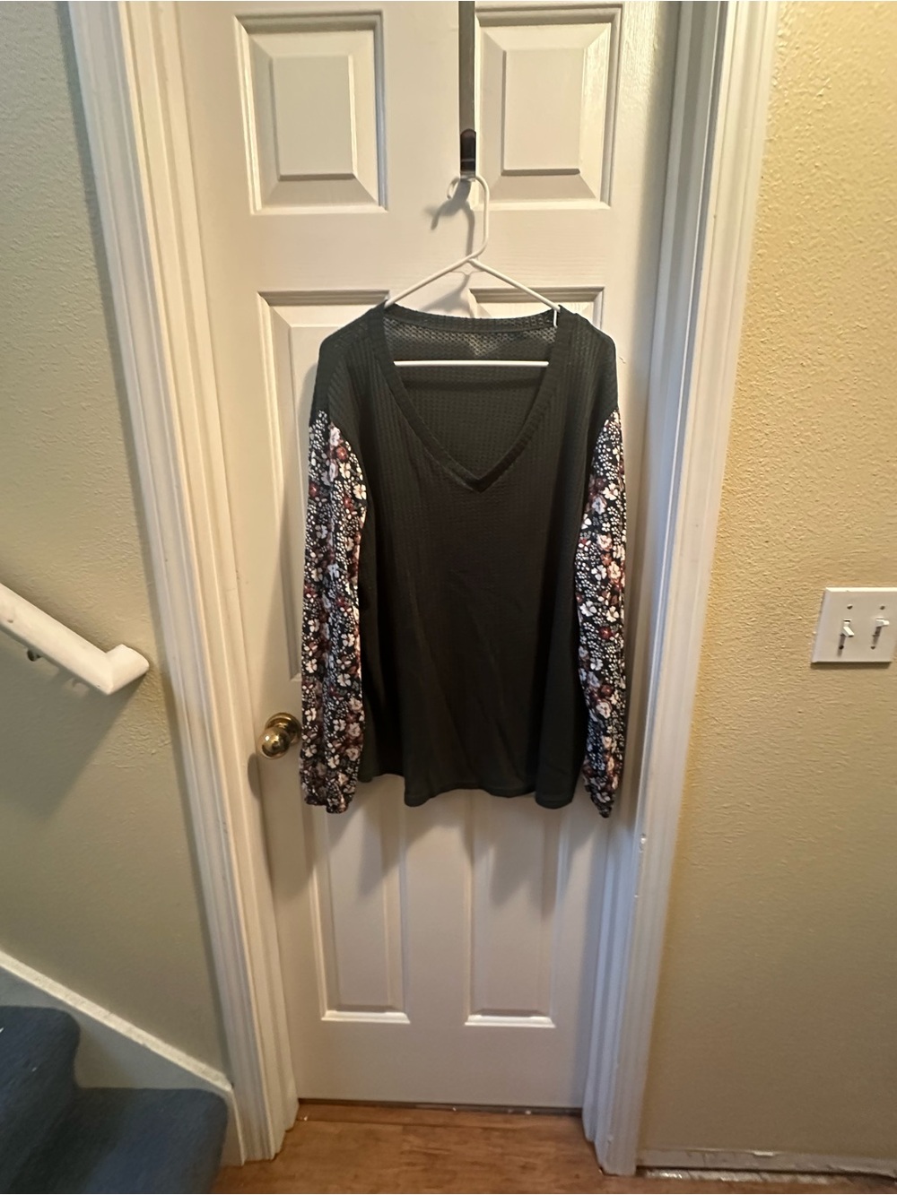 Black V-Neck Top with Floral Sleeves